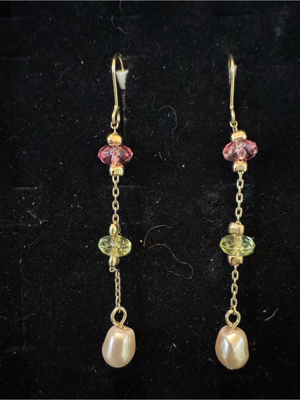 Long Dangle Drop Earrings Pink Green Crystal Beads Faux Pearl Gold Tone